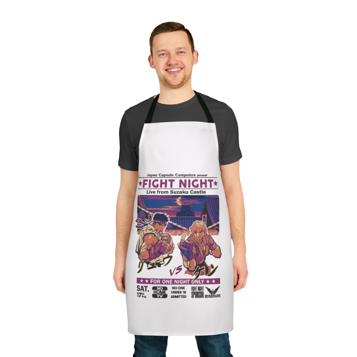 Stylish apron featuring the iconic Suzaku Castle from the Street Fighter series
