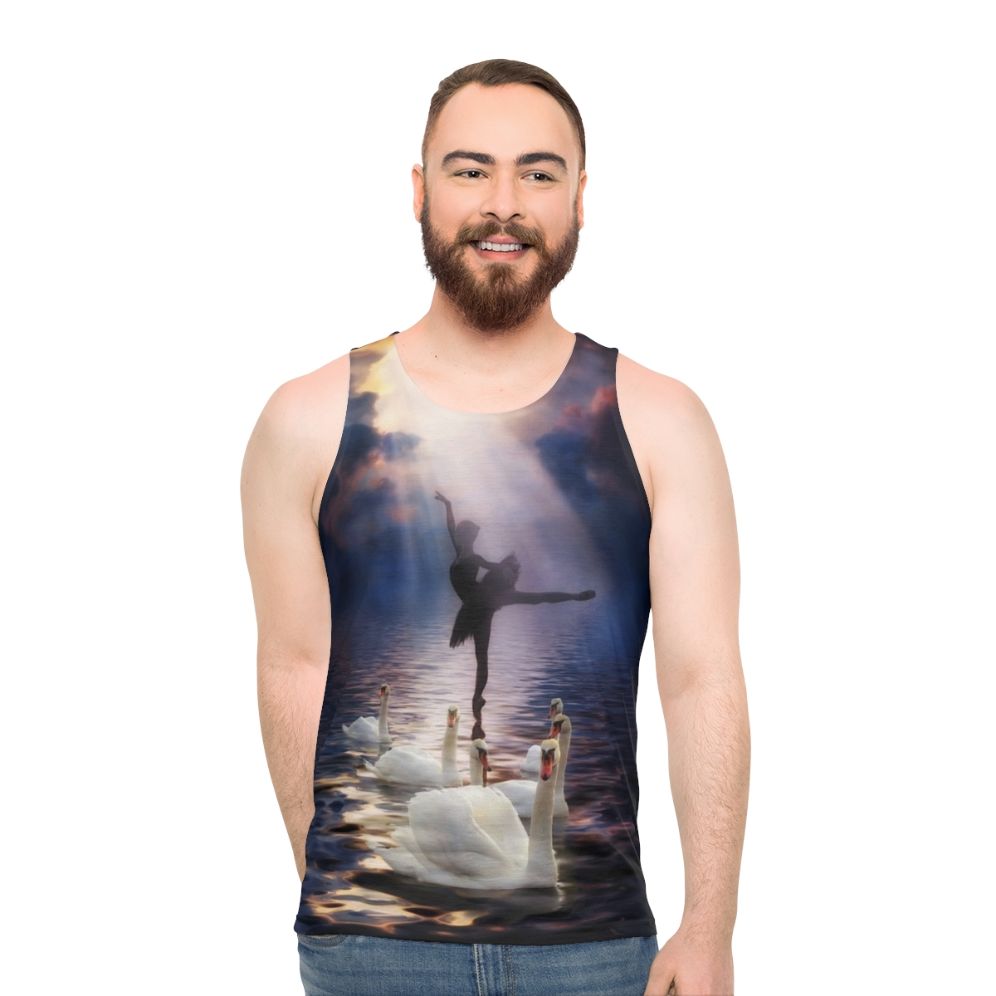 Unisex tank top with elegant swan lake and ballet dancer design