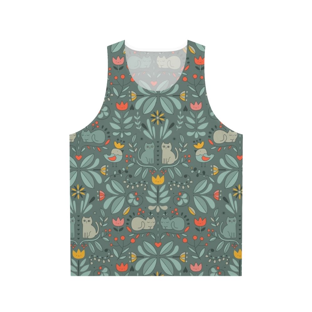 Unisex tank top with a whimsical Swedish folk cat graphic design