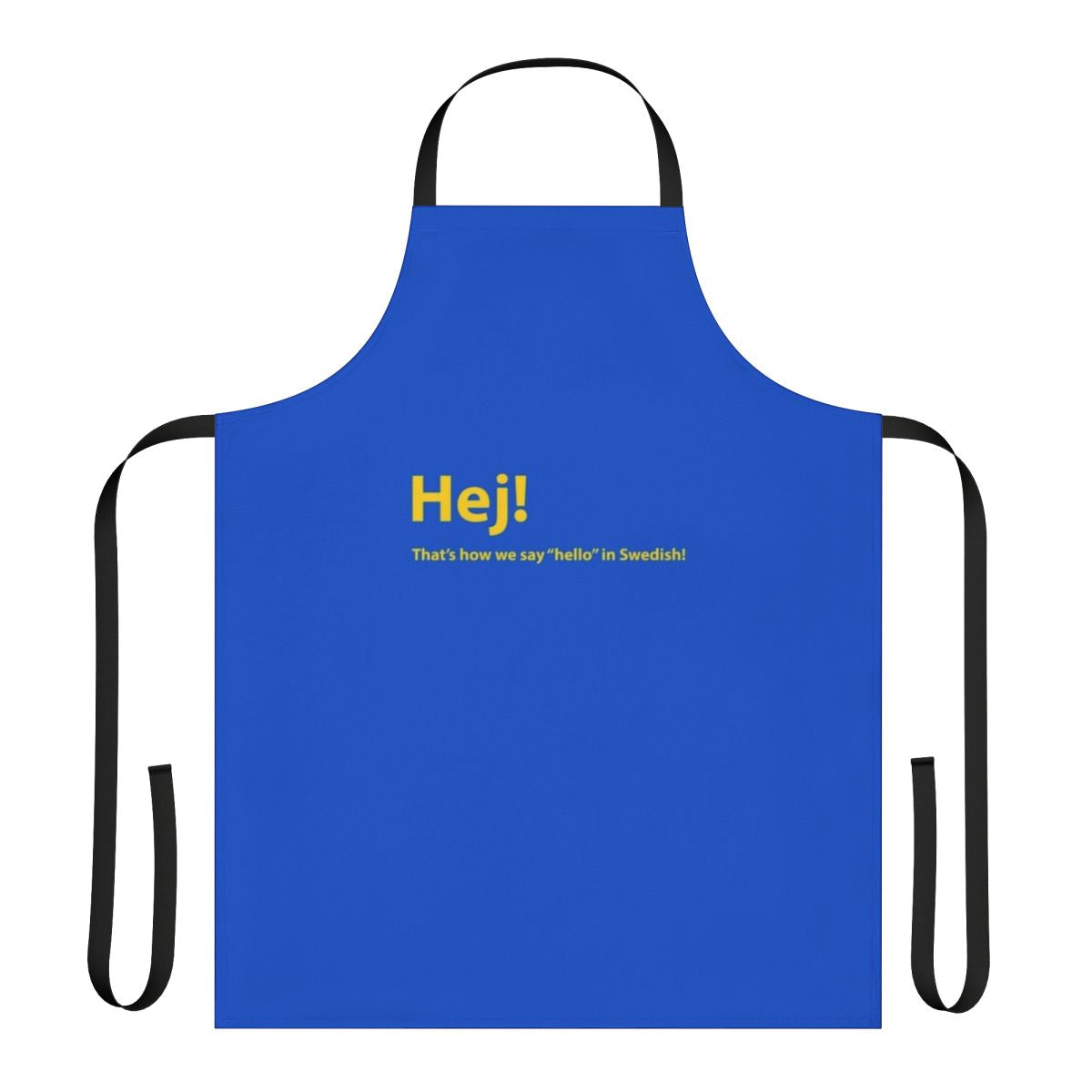 Stylish Swedish-inspired kitchen apron with "Hello" text in Swedish font