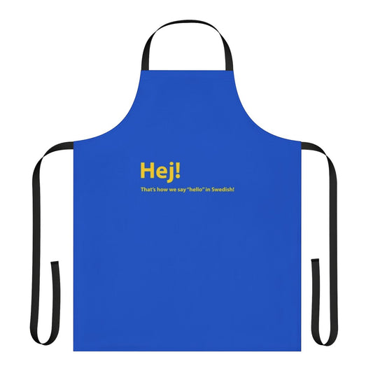 Stylish Swedish-inspired kitchen apron with "Hello" text in Swedish font