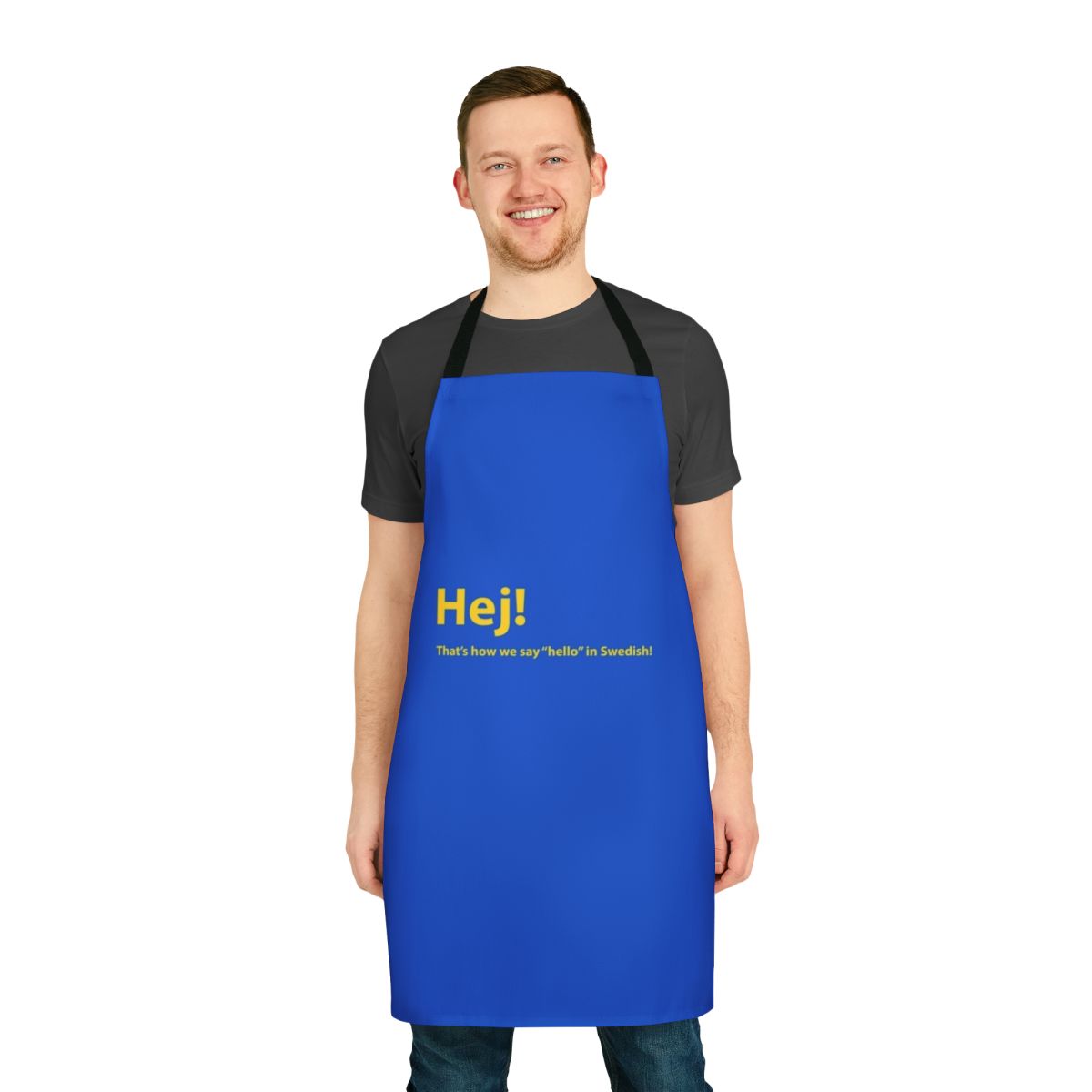 Stylish Swedish-inspired kitchen apron with "Hello" text in Swedish font