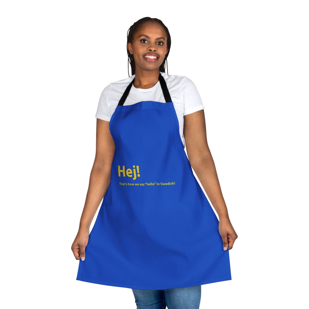 Stylish Swedish-inspired kitchen apron with "Hello" text in Swedish font