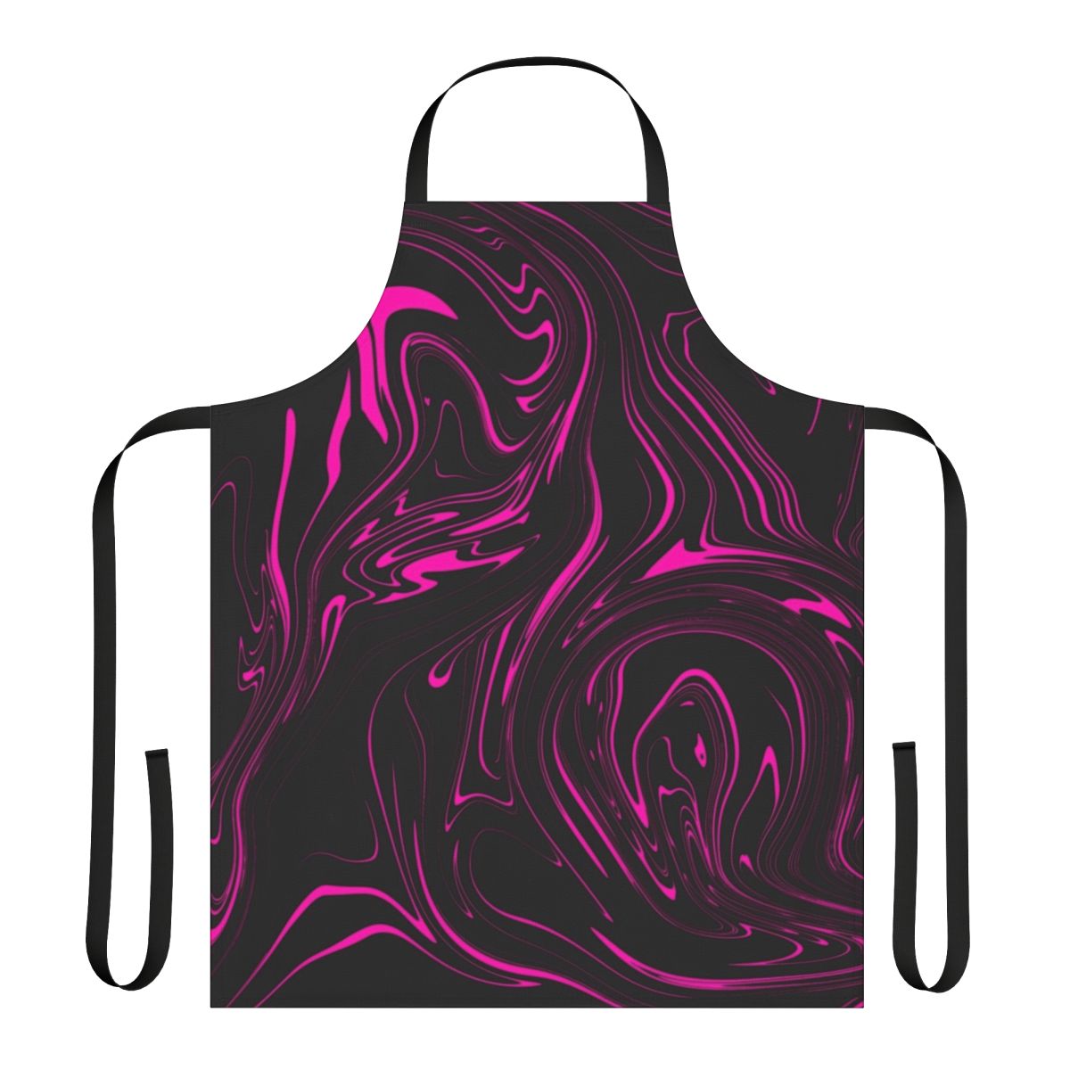 A black and pink apron with a swirling galaxy-inspired fluid art pattern.