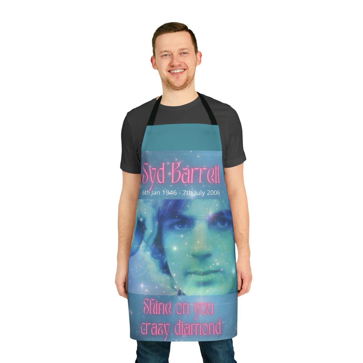 Syd Barrett themed apron with "Shine On You Crazy Diamond" design