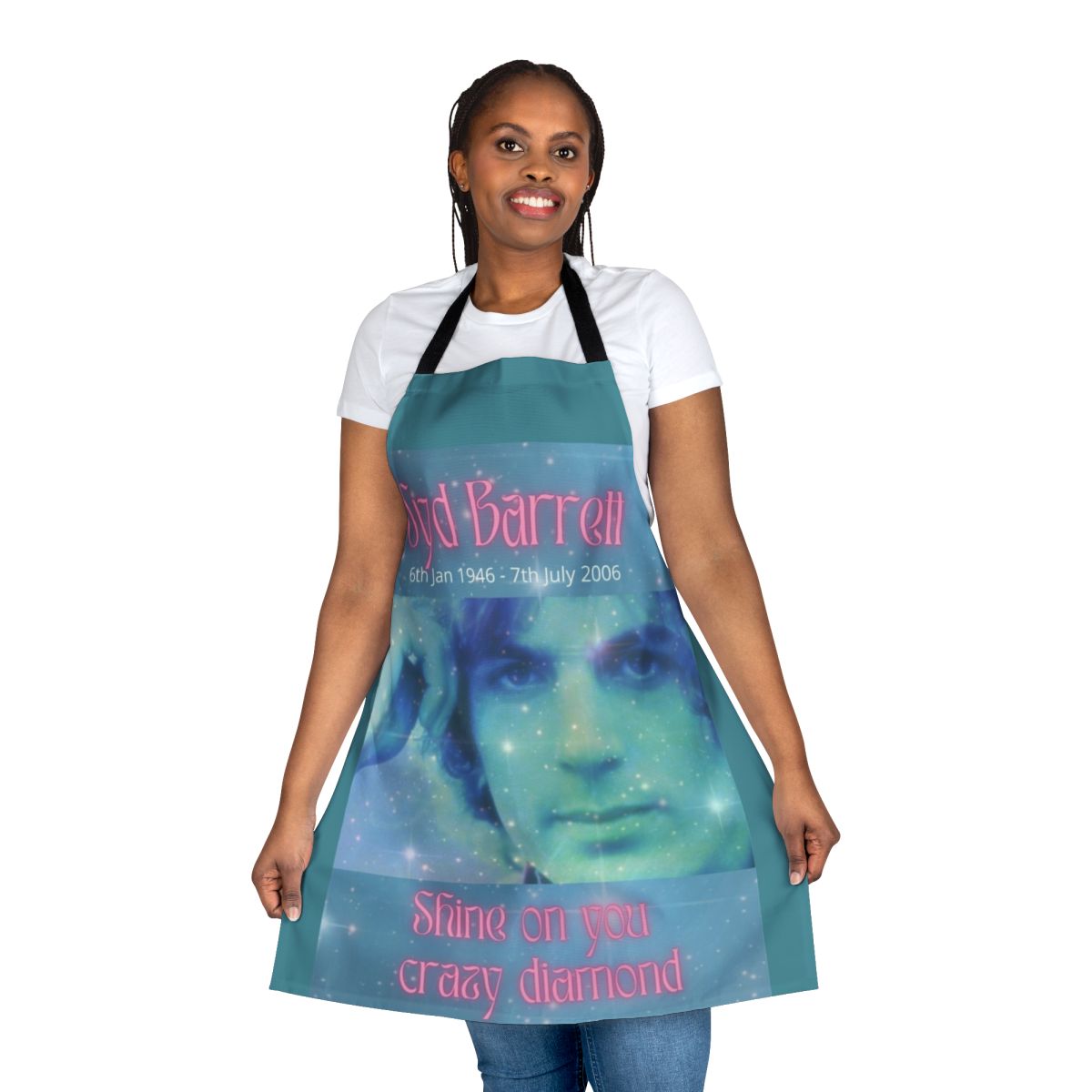 Syd Barrett themed apron with "Shine On You Crazy Diamond" design