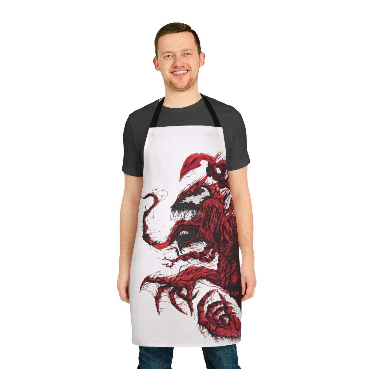 A red apron with a symbiote-like design, perfect for fans of comic books and horror