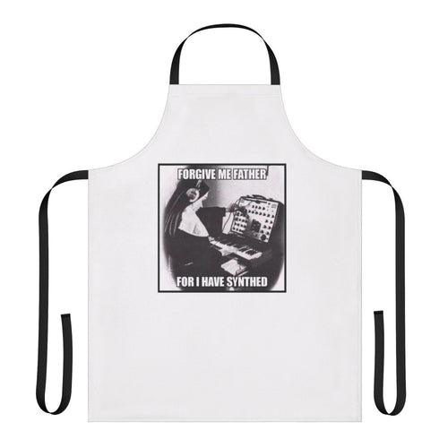 "Apron with the text 'Forgive Me Father For I Have Synthed Sinned', featuring a music-themed design for fans of The Weeknd and RnB music."