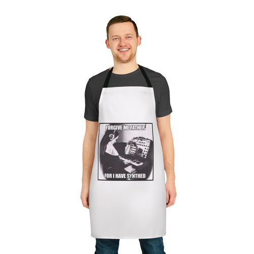 "Apron with the text 'Forgive Me Father For I Have Synthed Sinned', featuring a music-themed design for fans of The Weeknd and RnB music."