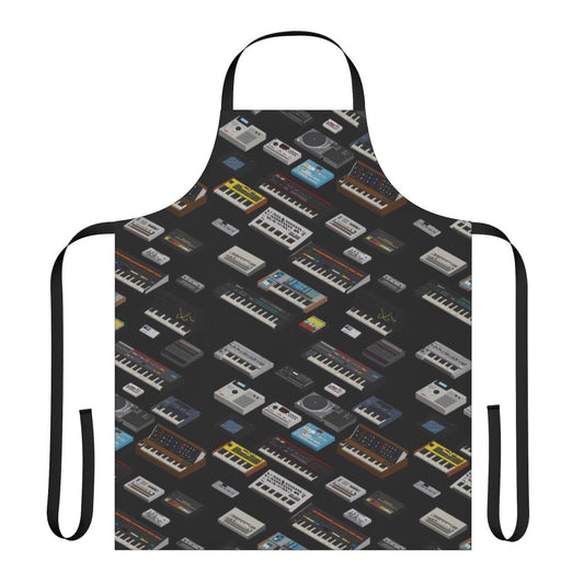 A stylish apron featuring various synthesizers, drum machines, and other retro music gear for the synth-loving music producer or DJ.