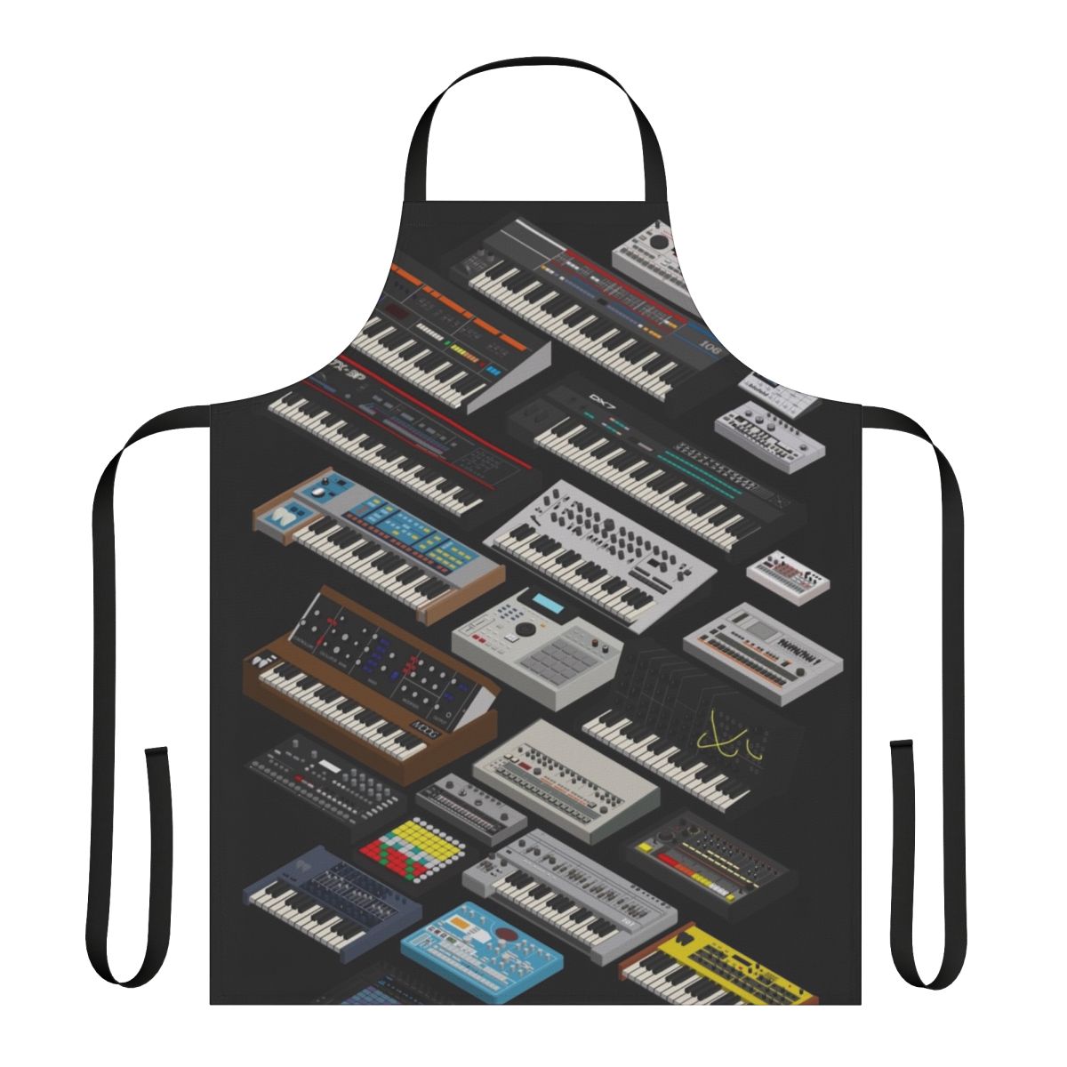 A stylish and practical apron featuring a design for synthesizer and electronic music enthusiasts.