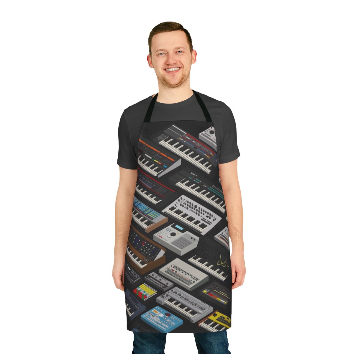 A stylish and practical apron featuring a design for synthesizer and electronic music enthusiasts.