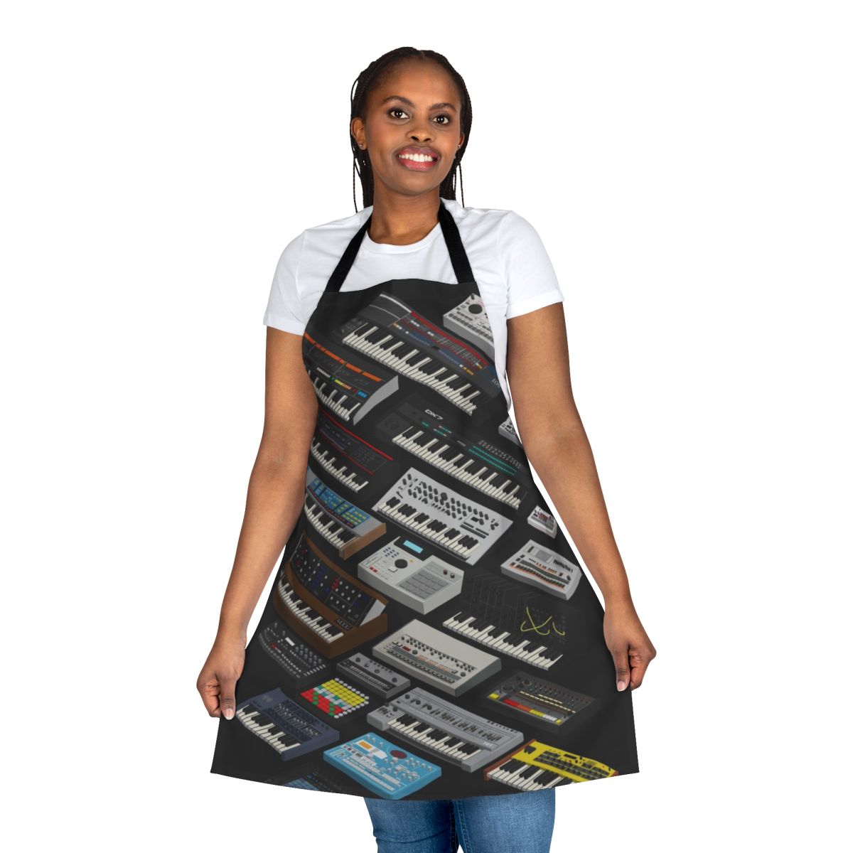 A stylish and practical apron featuring a design for synthesizer and electronic music enthusiasts.