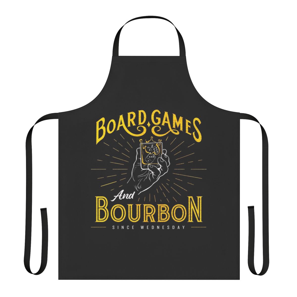 Tabletop gaming apron featuring various board game and bourbon designs