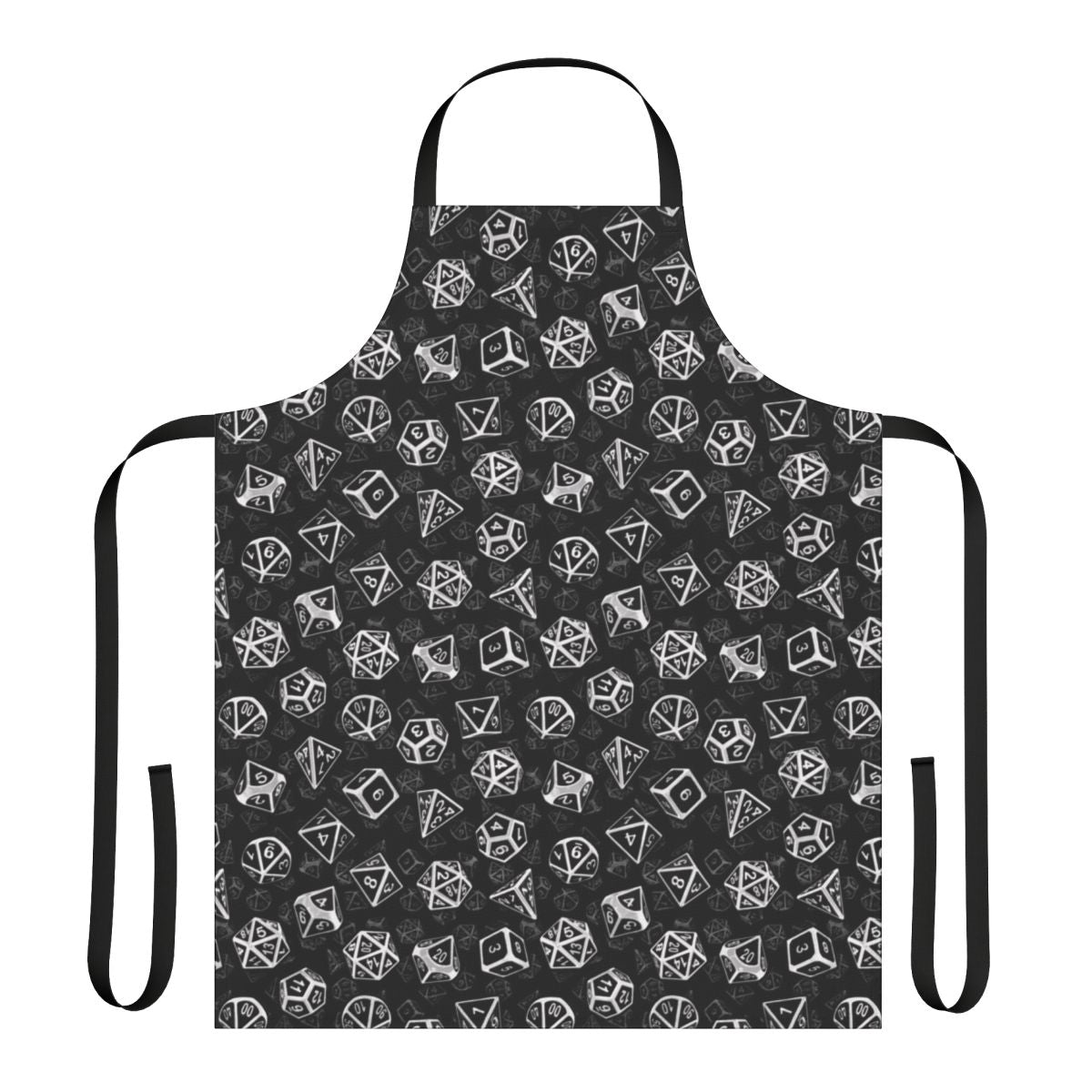 White apron featuring a pattern of d20 dice, perfect for tabletop roleplaying enthusiasts.