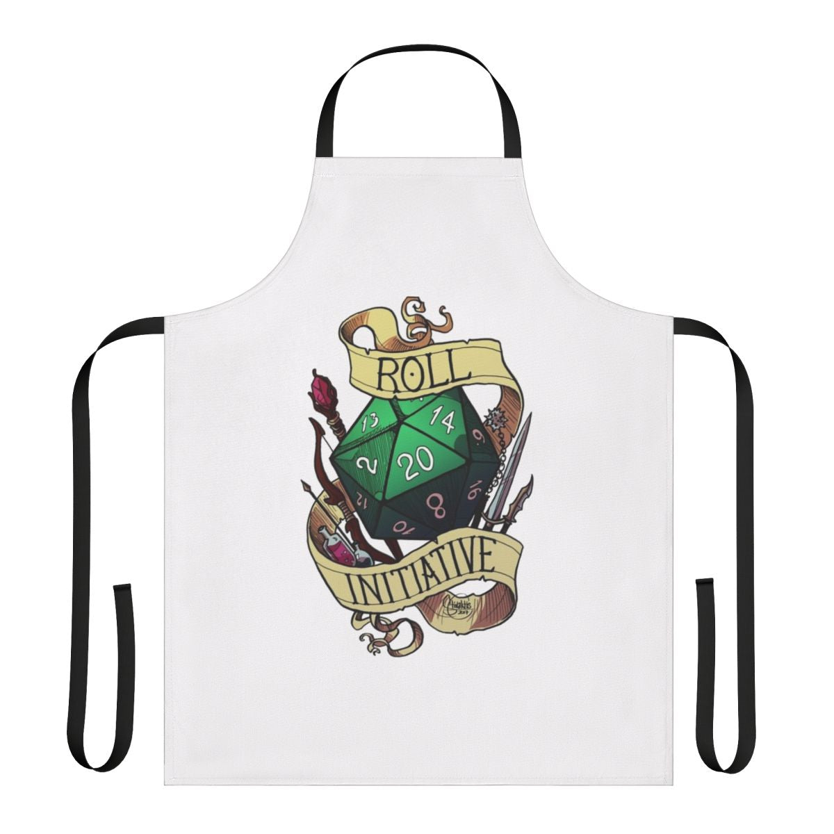 An apron featuring a "Roll Initiative" design, perfect for tabletop gaming enthusiasts.