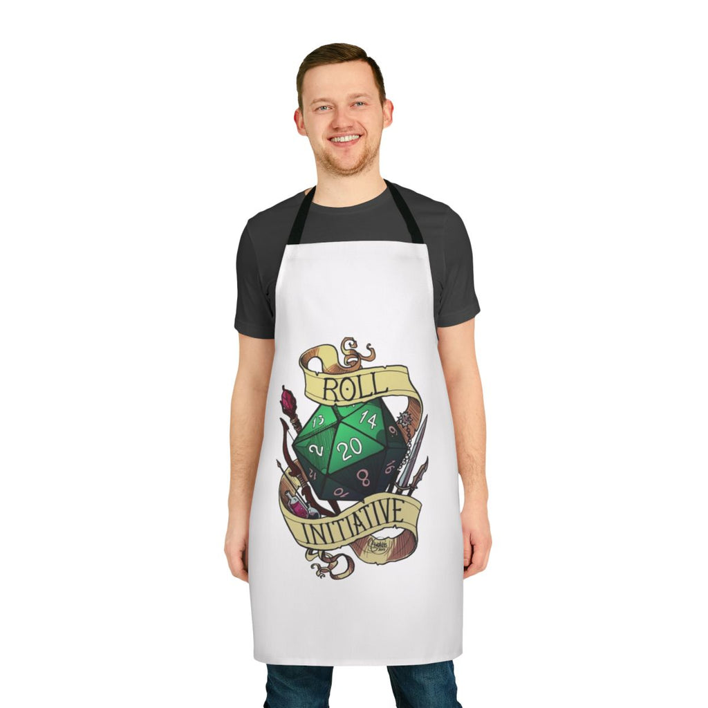An apron featuring a "Roll Initiative" design, perfect for tabletop gaming enthusiasts.