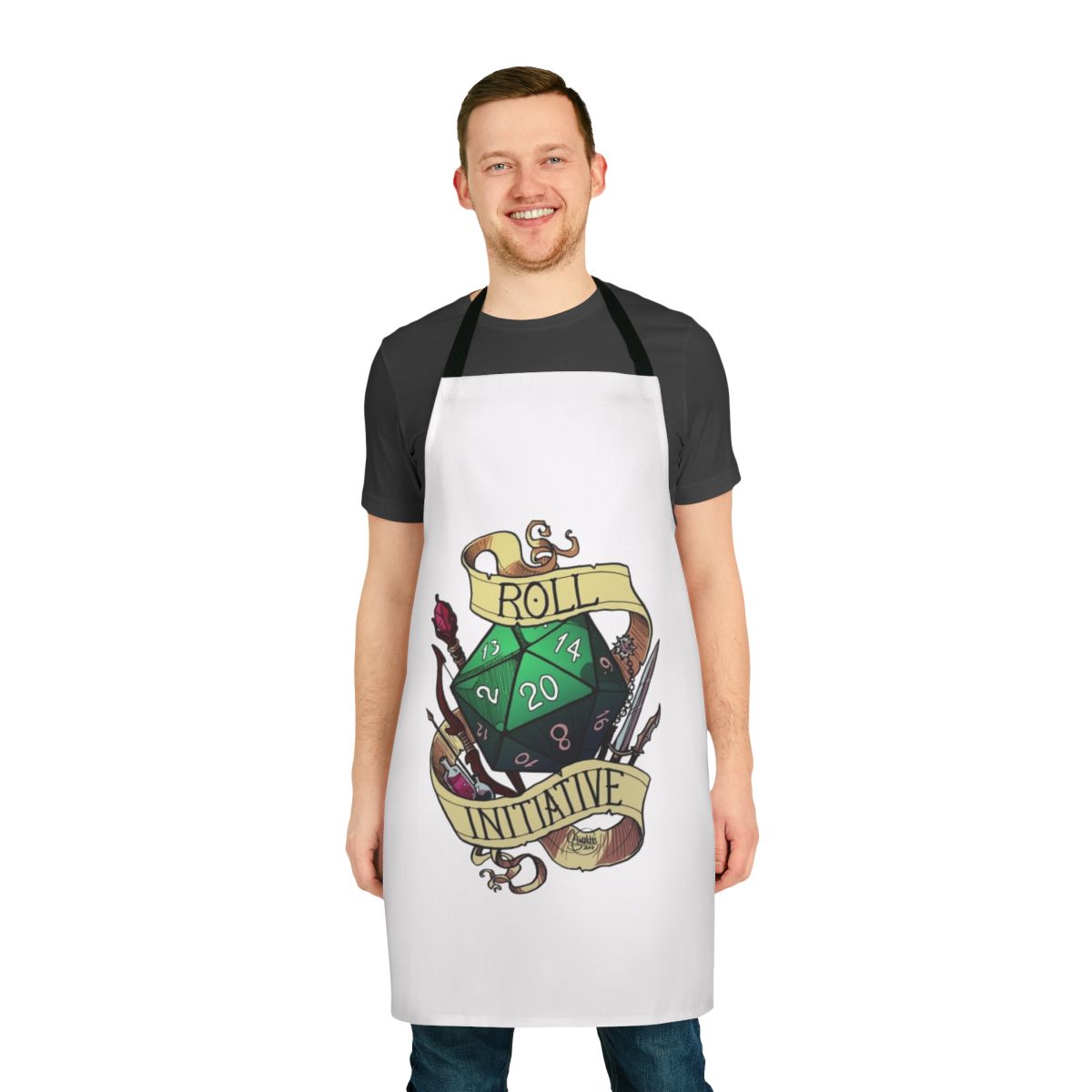 An apron featuring a "Roll Initiative" design, perfect for tabletop gaming enthusiasts.