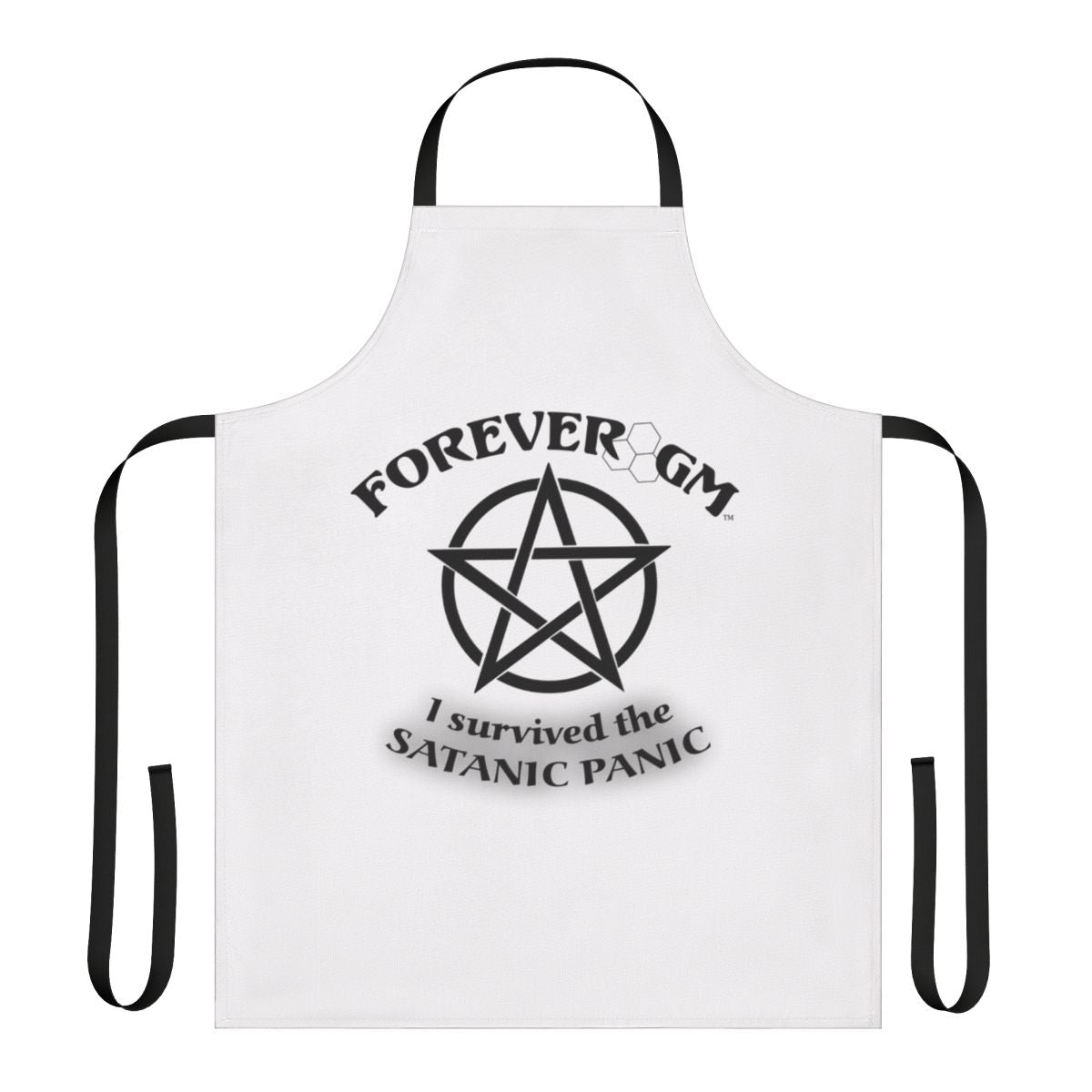 Satanic panic-themed tabletop gaming apron for dungeon masters and game masters