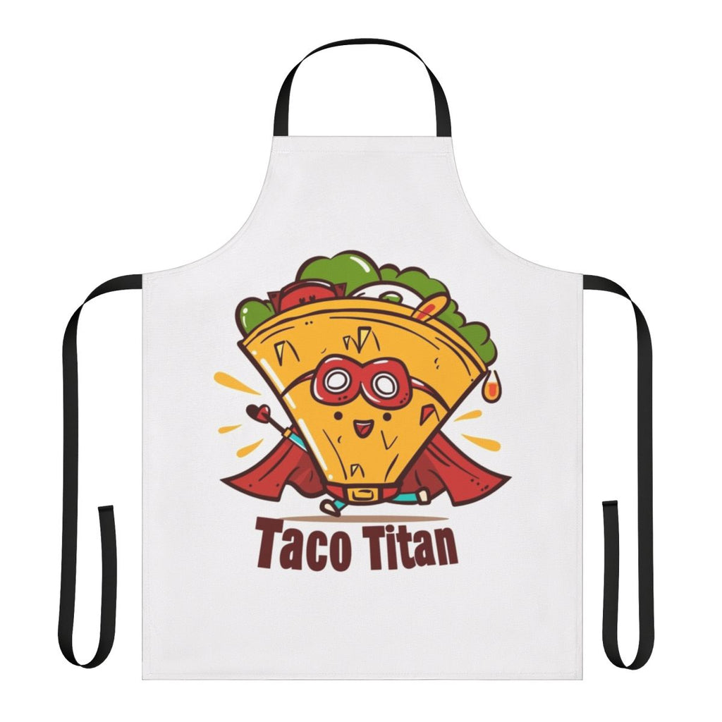 A vibrant taco-themed apron featuring a cartoon superhero design