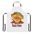 A vibrant taco-themed apron featuring a cartoon superhero design