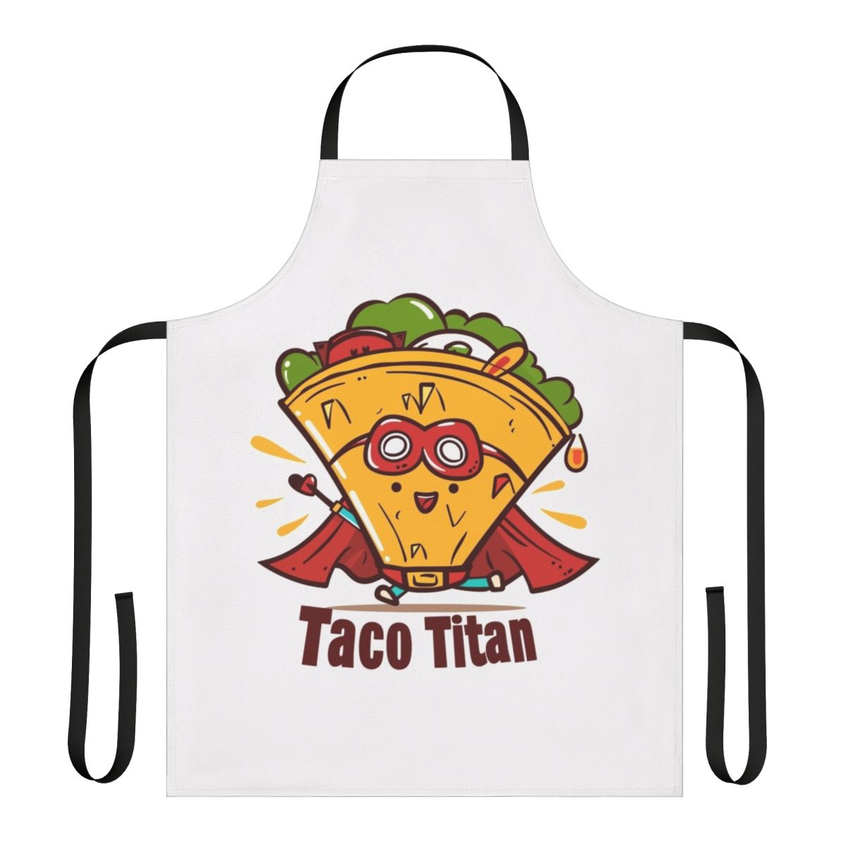 A vibrant taco-themed apron featuring a cartoon superhero design