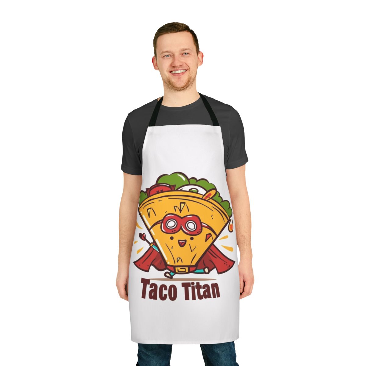 A vibrant taco-themed apron featuring a cartoon superhero design