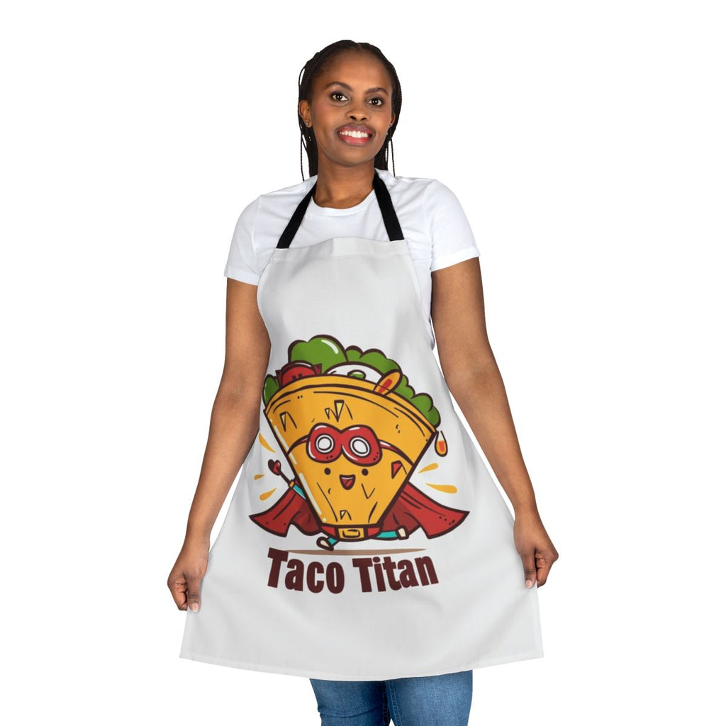 A vibrant taco-themed apron featuring a cartoon superhero design