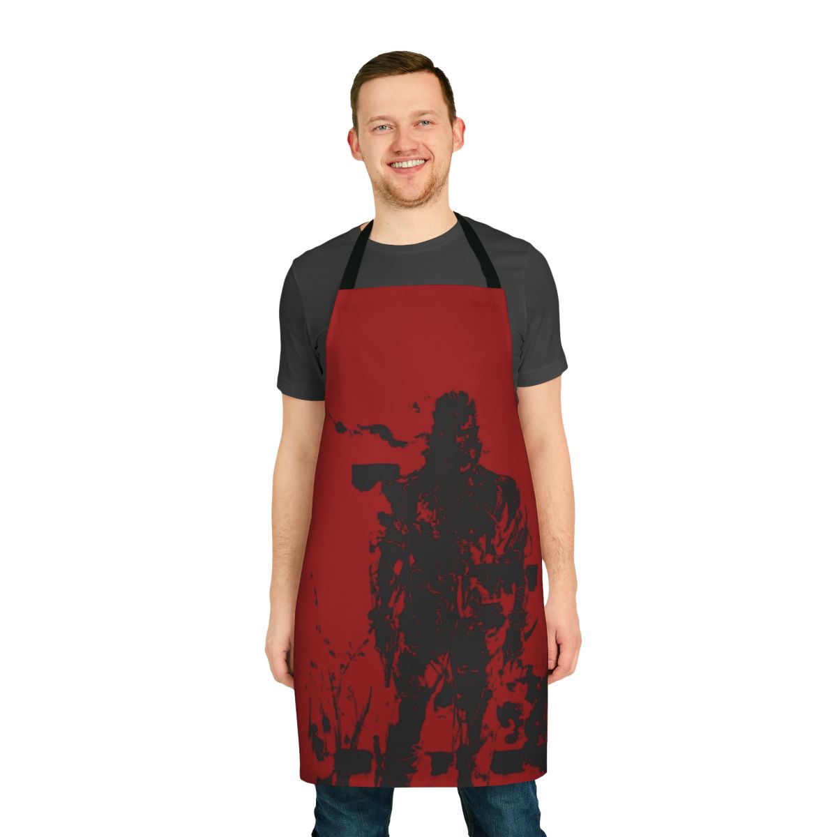 Tactical military-style apron in red and black, inspired by the Metal Gear video game series