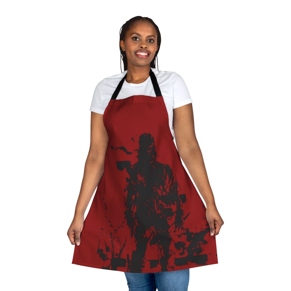 Tactical military-style apron in red and black, inspired by the Metal Gear video game series