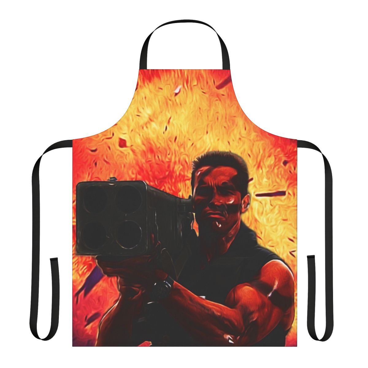 Commando-style apron with matrix rocket launcher design, perfect for 80s action movie fans