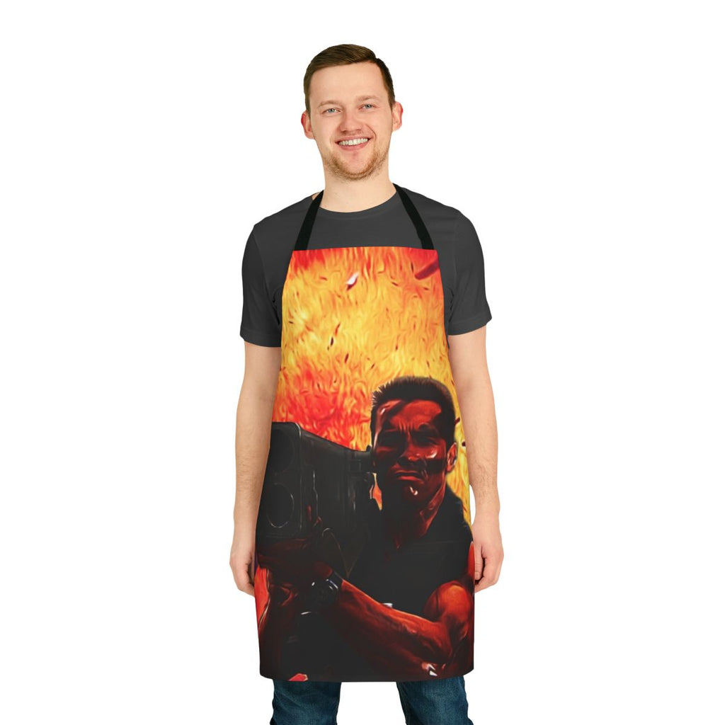 Commando-style apron with matrix rocket launcher design, perfect for 80s action movie fans