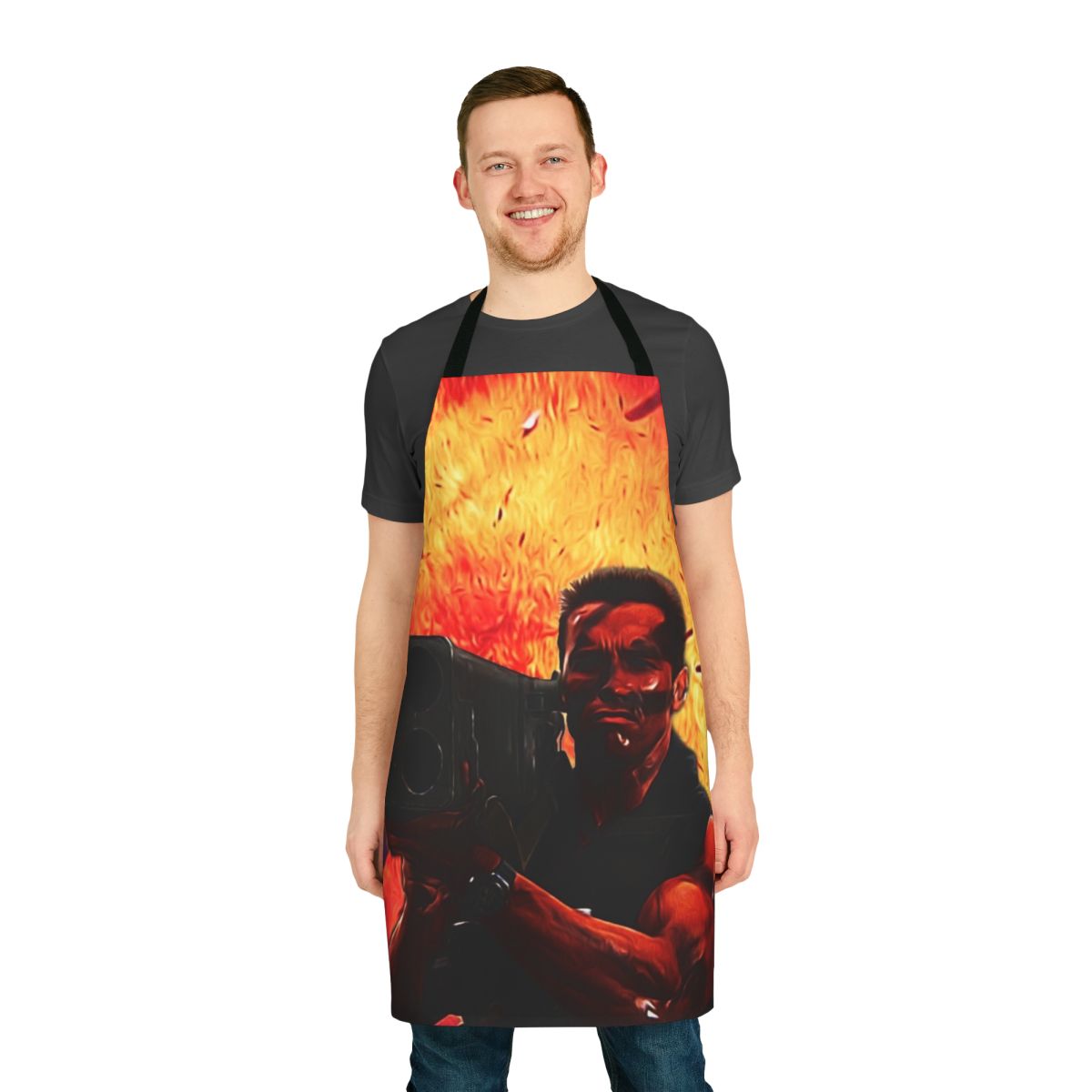 Commando-style apron with matrix rocket launcher design, perfect for 80s action movie fans