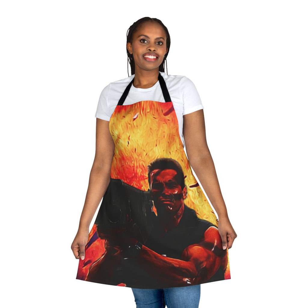 Commando-style apron with matrix rocket launcher design, perfect for 80s action movie fans