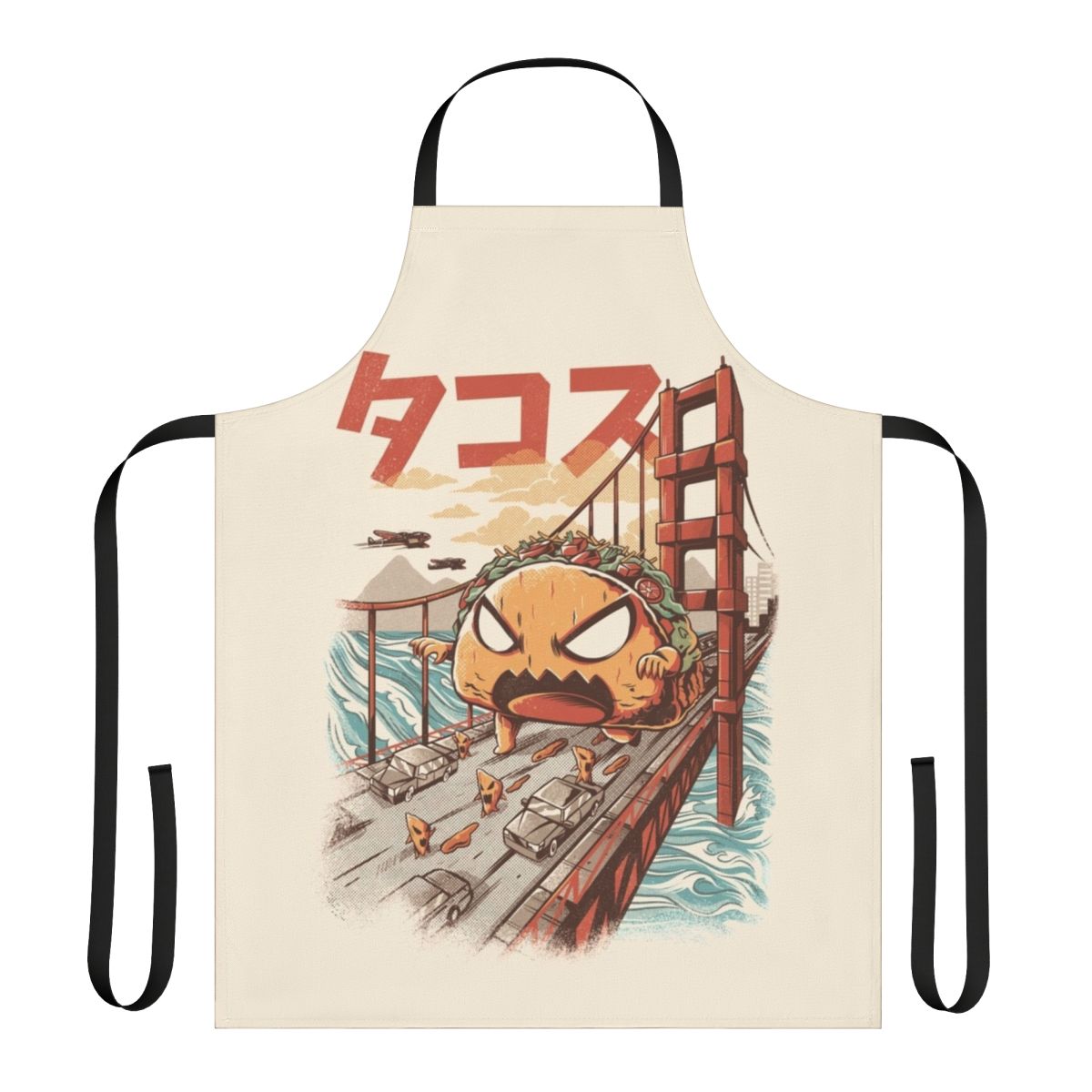 Takaiju inspired anime-style apron with a funny monster design, perfect for the kitchen.