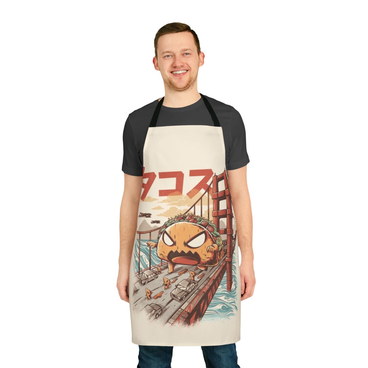 Takaiju inspired anime-style apron with a funny monster design, perfect for the kitchen.