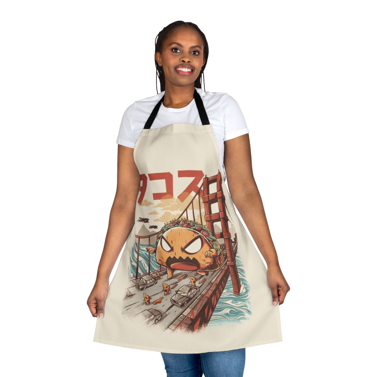 Takaiju inspired anime-style apron with a funny monster design, perfect for the kitchen.