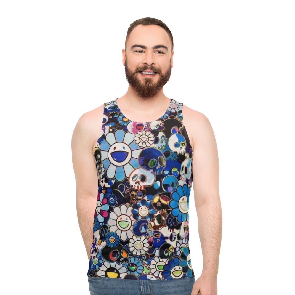 Unisex tank top with abstract floral pattern inspired by Takashi Murakami