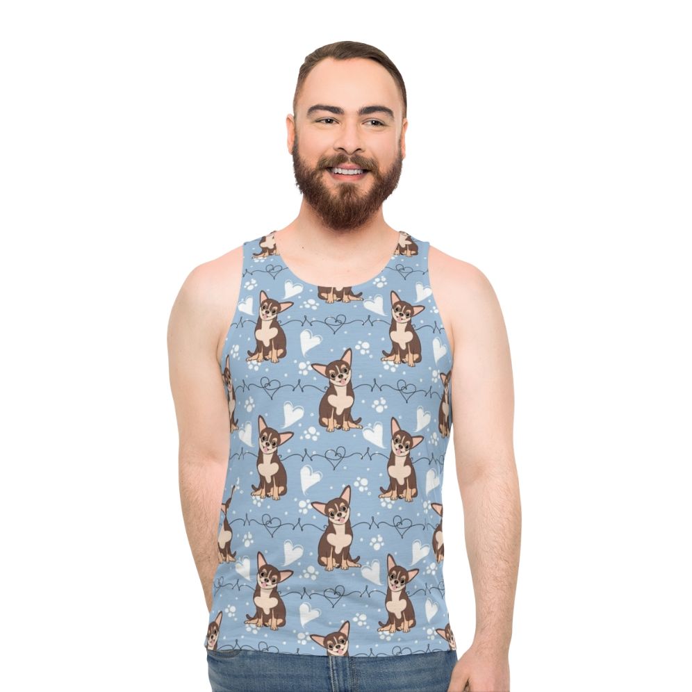 Tan tricolor chihuahua unisex tank top for chocolate lovers