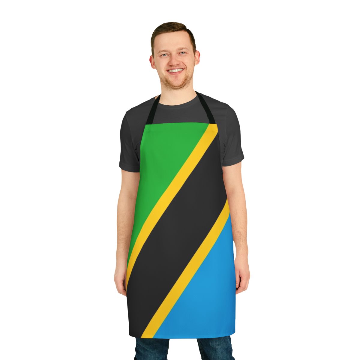 Vibrant Tanzanian flag design printed on a high-quality apron