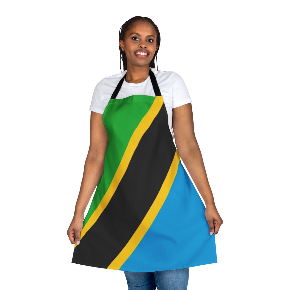 Vibrant Tanzanian flag design printed on a high-quality apron