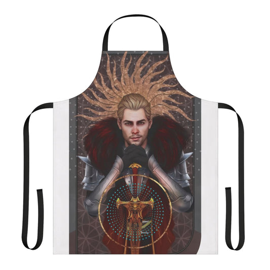 A fantasy-themed apron featuring tarot card imagery and the Templar character Cullen Rutherford from the Dragon Age series.