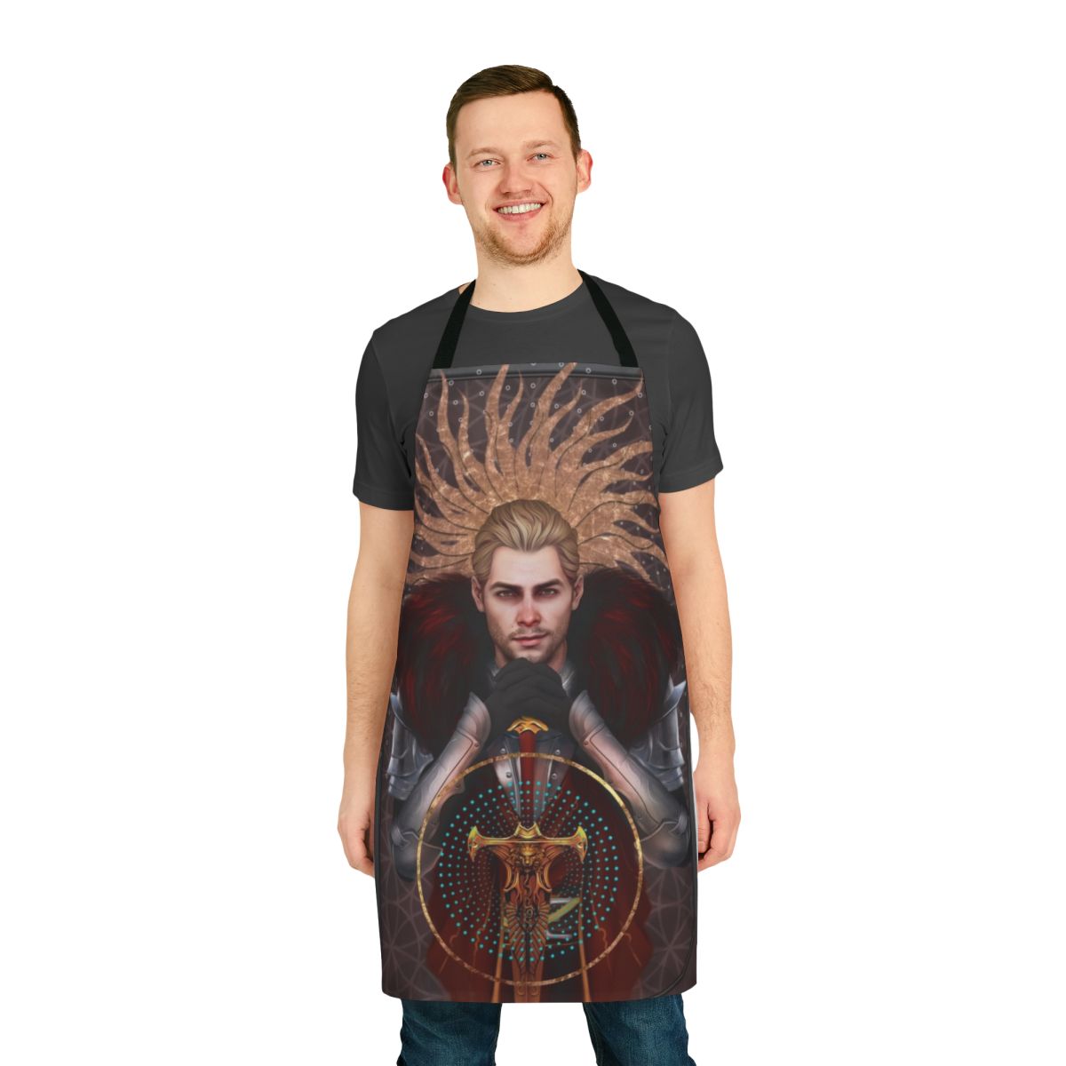 A fantasy-themed apron featuring tarot card imagery and the Templar character Cullen Rutherford from the Dragon Age series.