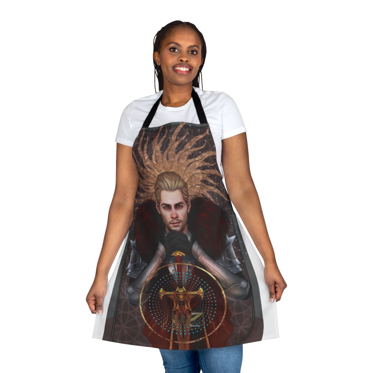 A fantasy-themed apron featuring tarot card imagery and the Templar character Cullen Rutherford from the Dragon Age series.
