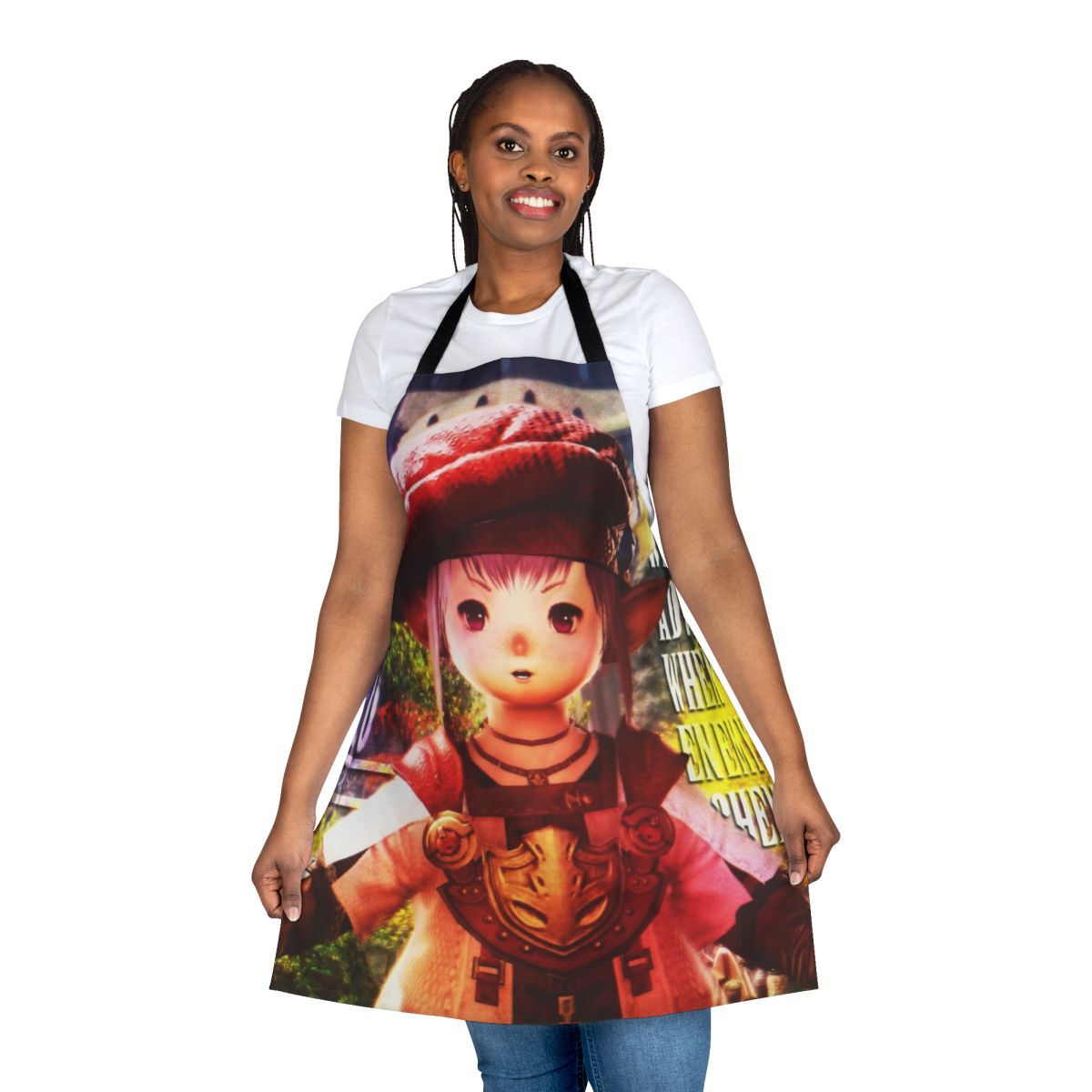 Tataru-inspired apron featuring the beloved Lalafell character from Final Fantasy XIV