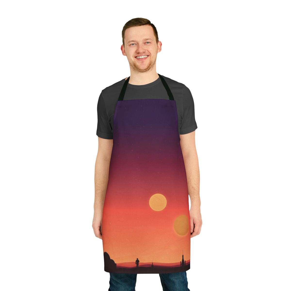 Tatooine-inspired apron with a gradient desert landscape and dual suns design