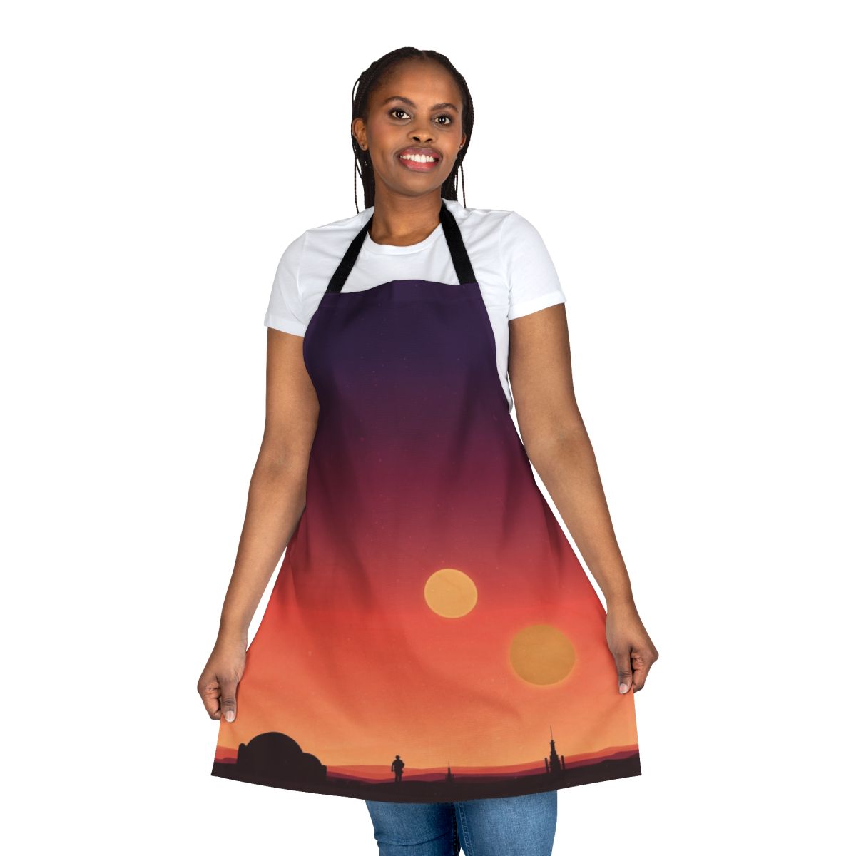 Tatooine-inspired apron with a gradient desert landscape and dual suns design