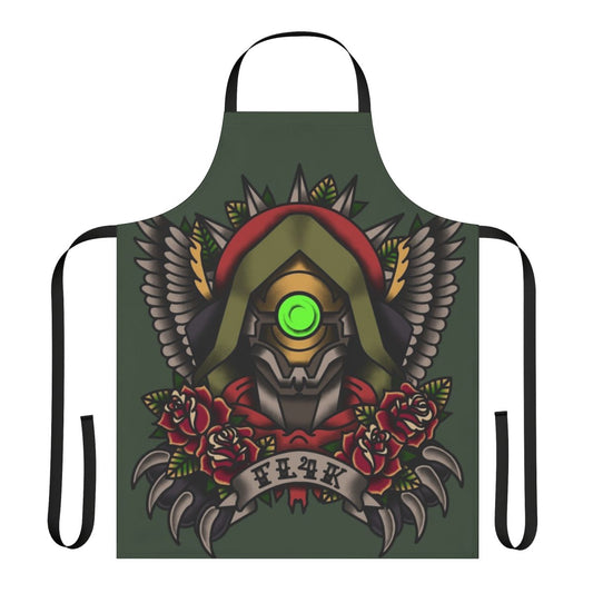 Tattoo style illustration of Borderlands character Fl4K featured on an apron.