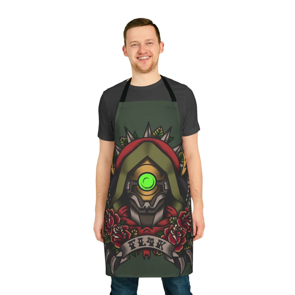 Tattoo style illustration of Borderlands character Fl4K featured on an apron.