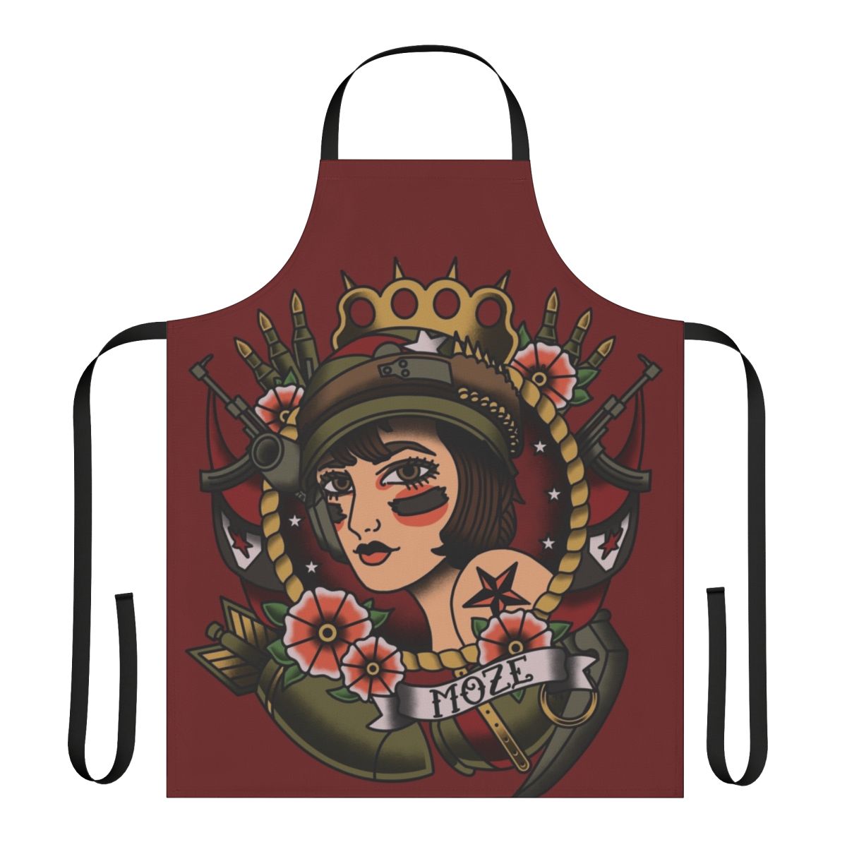 A tattoo-style portrait of Moze, the Gunner from Borderlands, printed on a high-quality apron.